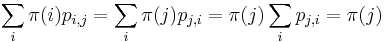 \sum _{i}\pi (i)p_{{i,j}}=\sum _{i}\pi (j)p_{{j,i}}=\pi (j)\sum _{i}p_{{j,i}}=\pi (j)\,