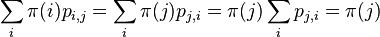 \sum _{i}\pi (i)p_{{i,j}}=\sum _{i}\pi (j)p_{{j,i}}=\pi (j)\sum _{i}p_{{j,i}}=\pi (j)