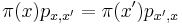 \pi (x)p_{{x,x'}}=\pi (x')p_{{x',x}}